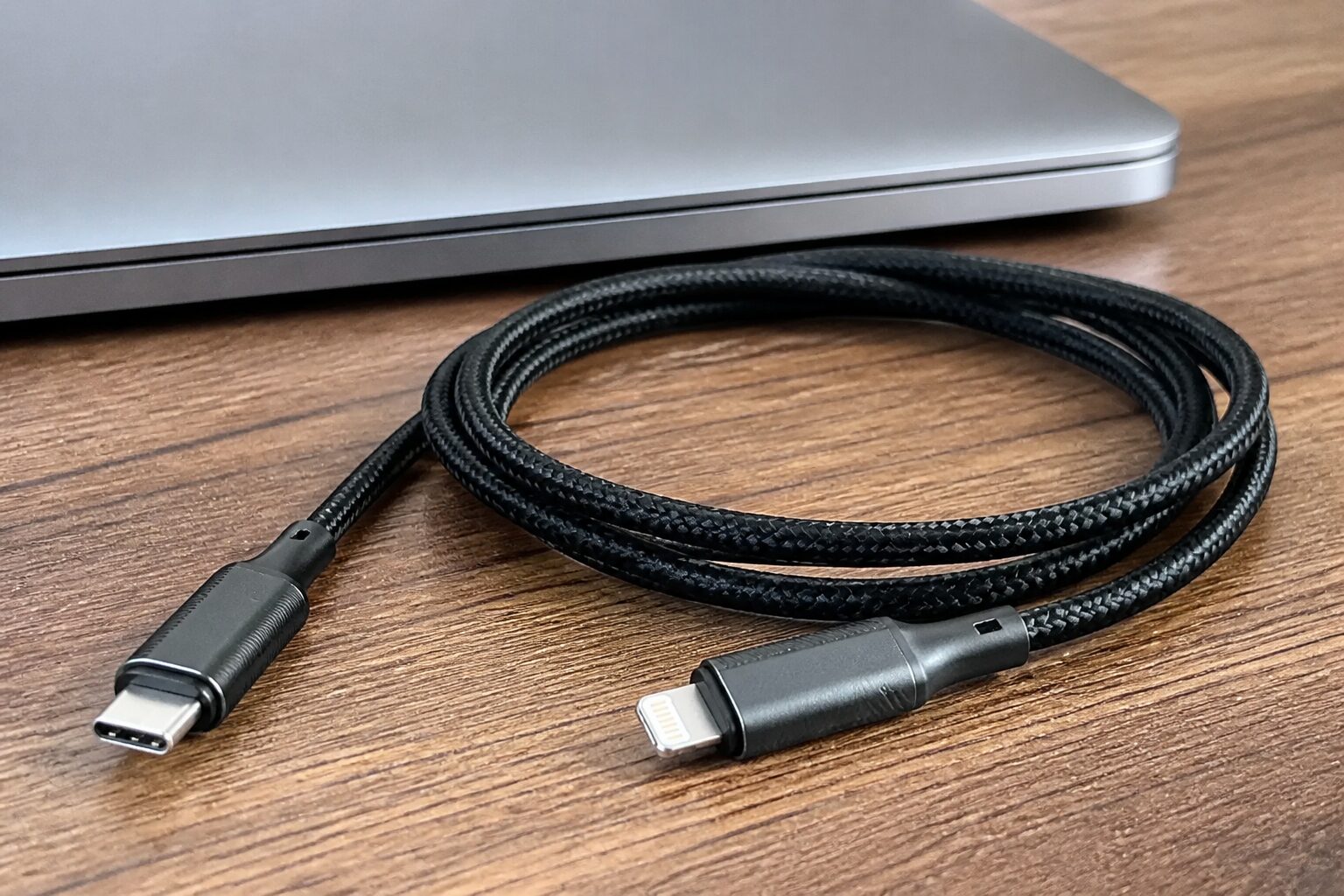 Кабель USB-C на Lightning лежит на столе