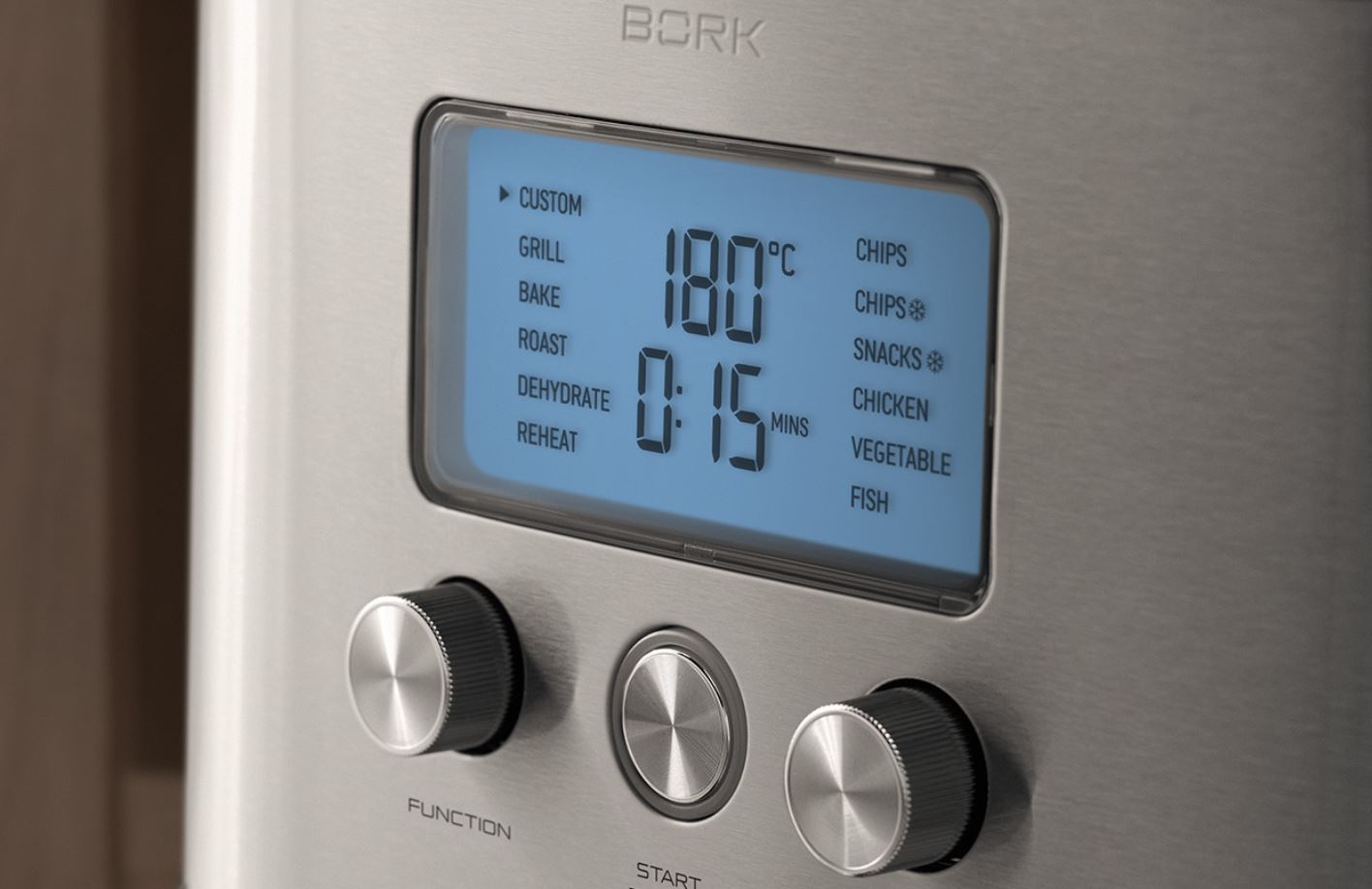 BORK G510: нержавеющая сталь и 12 программ. Минимум кнопок и ручек — у аэрогриля интуитивно понятное управление. Фото.