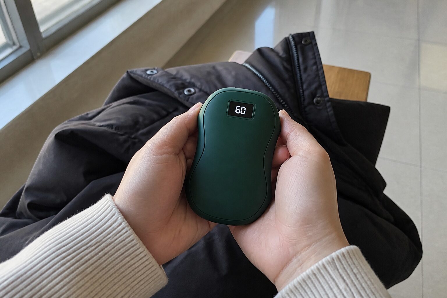 Зелёная карманная грелка с дисплеем в руках