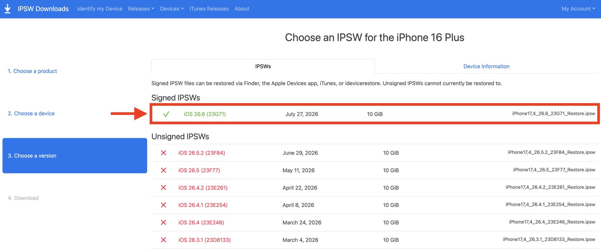 Стандартный откат на iOS 26. Загрузите актуальную прошивку на компьютер. Фото.