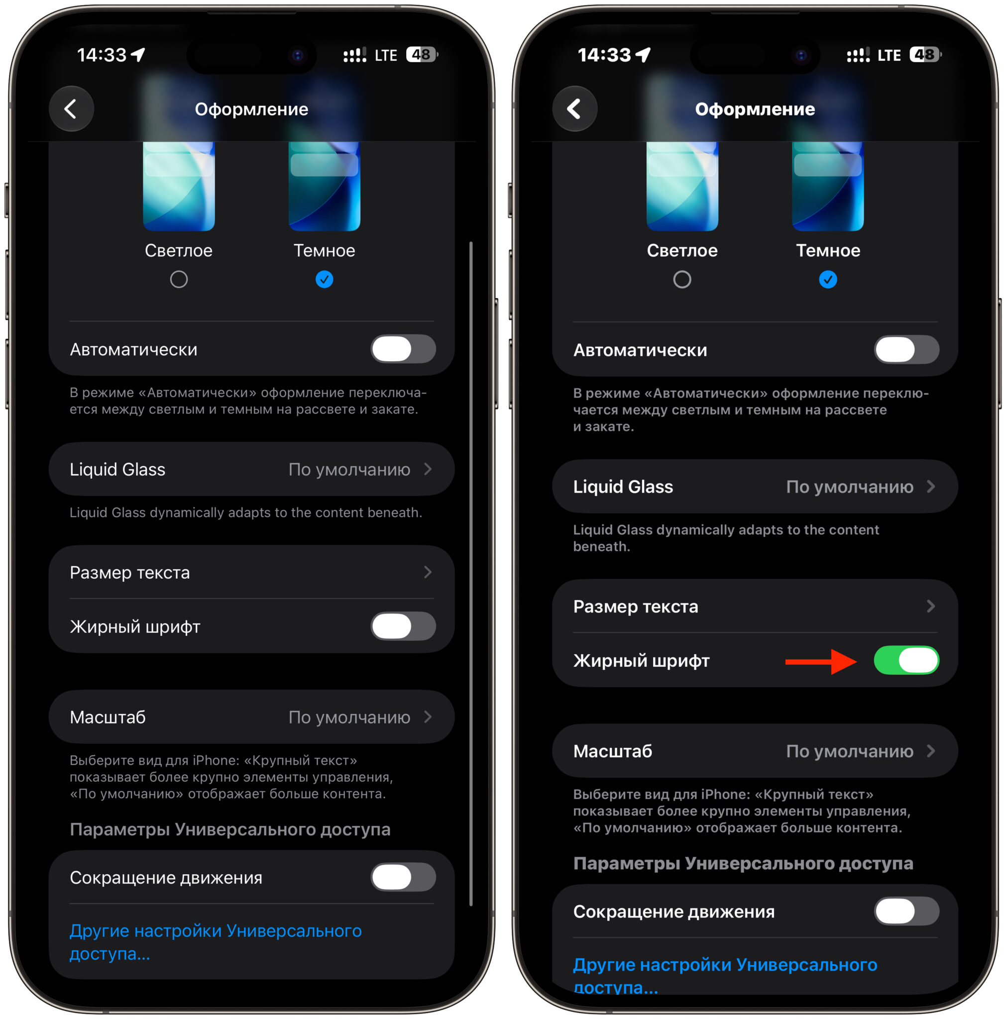Настройка размера текста и жирного шрифта на iPhone. Можно весь шрифт сделать жирным. Фото.