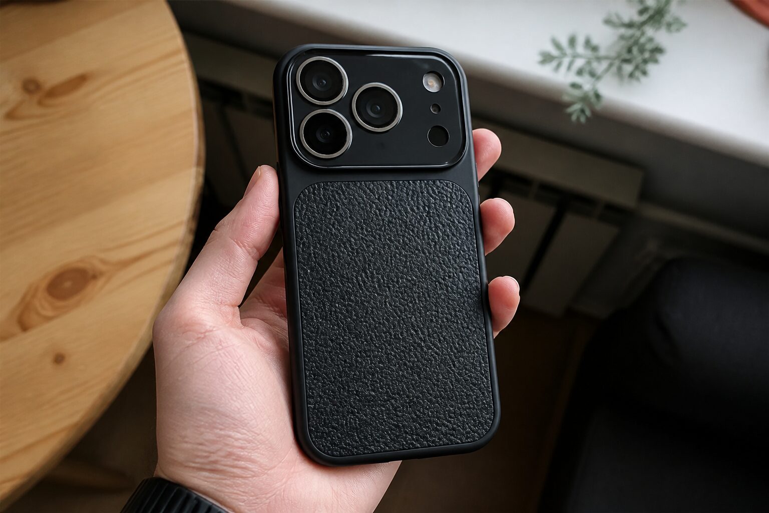 Кожаный чехол с фактурой личи для iPhone 15