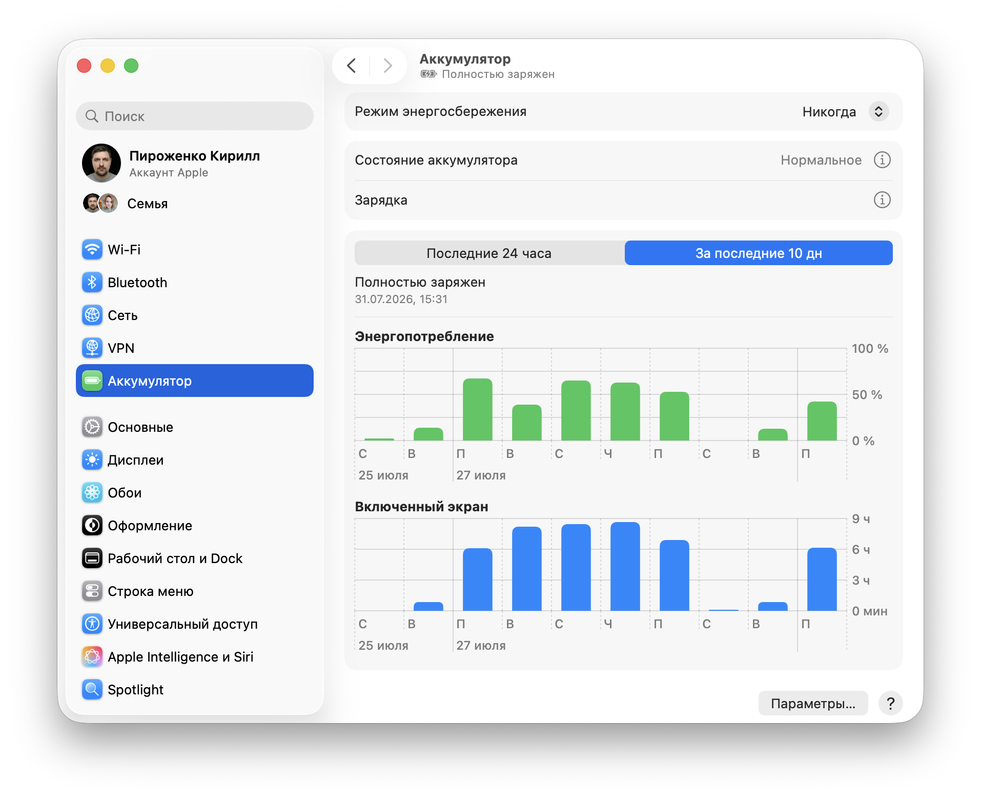 Почему MacBook быстрее разряжается после обновления macOS. Сначала расход батареи увеличился, но к концу недели ситуация стабилизировалась. Фото.