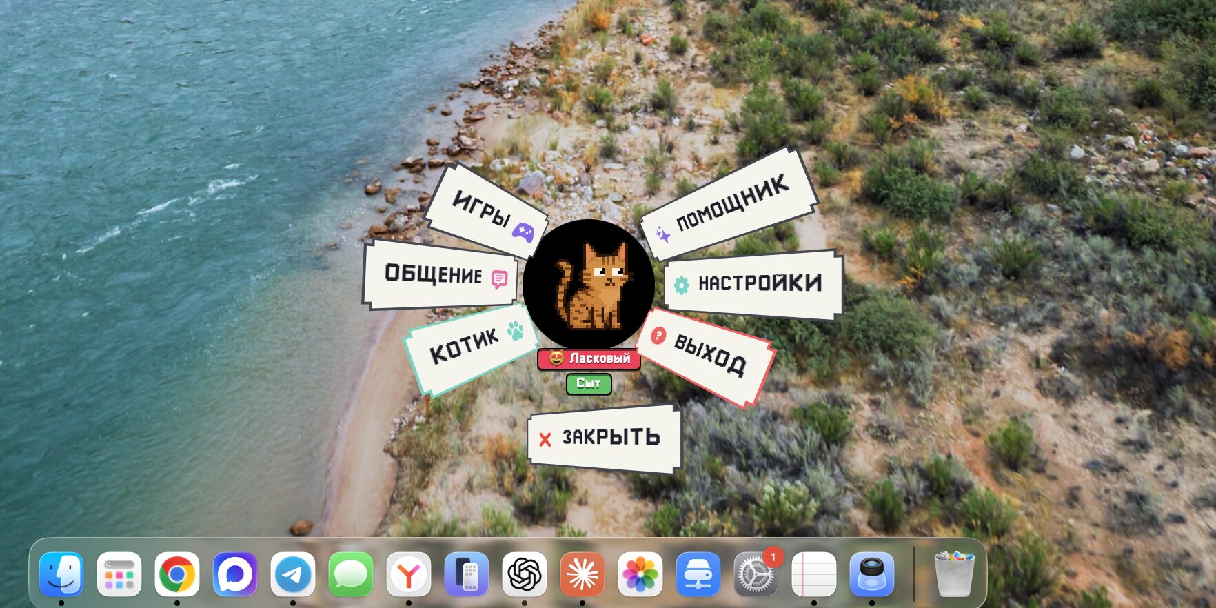 С питомцем можно играть и о нем надо заботиться. Все функции котика перед вами. Фото.