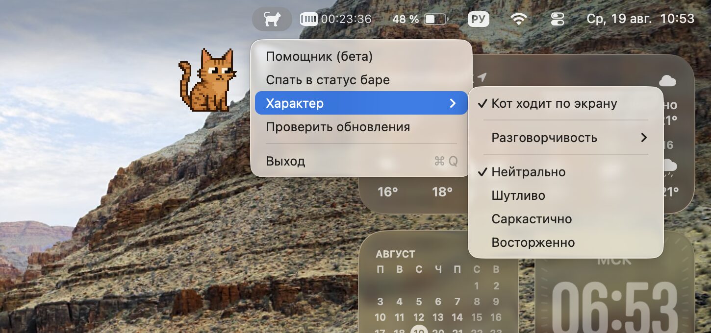 Кот, у которого своя жизнь на экране. Вы можете задать котику характер и наблюдать за поведением. Фото.