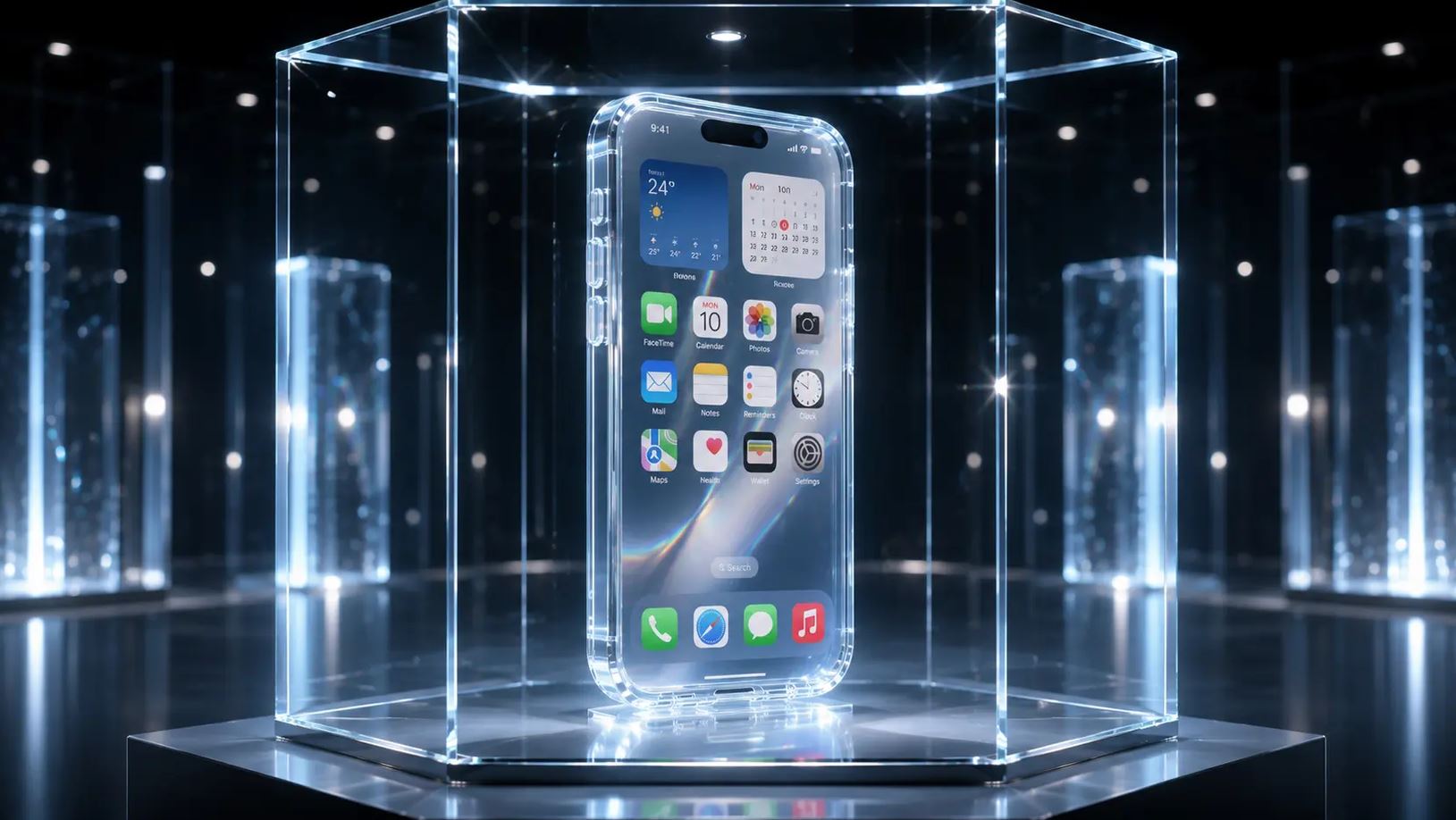 Экран без вырезов и связь с Liquid Glass. Полностью стеклянный Айфон пока на паузе. Фото.