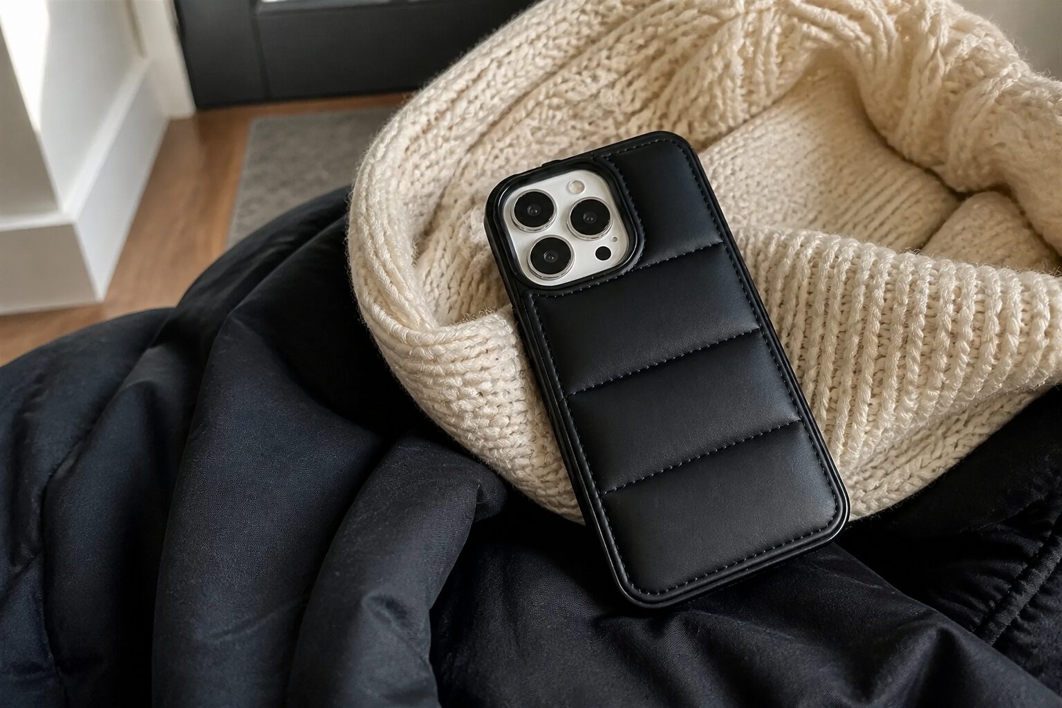 Чёрный стёганый чехол-пуховик для iPhone на зимней одежде