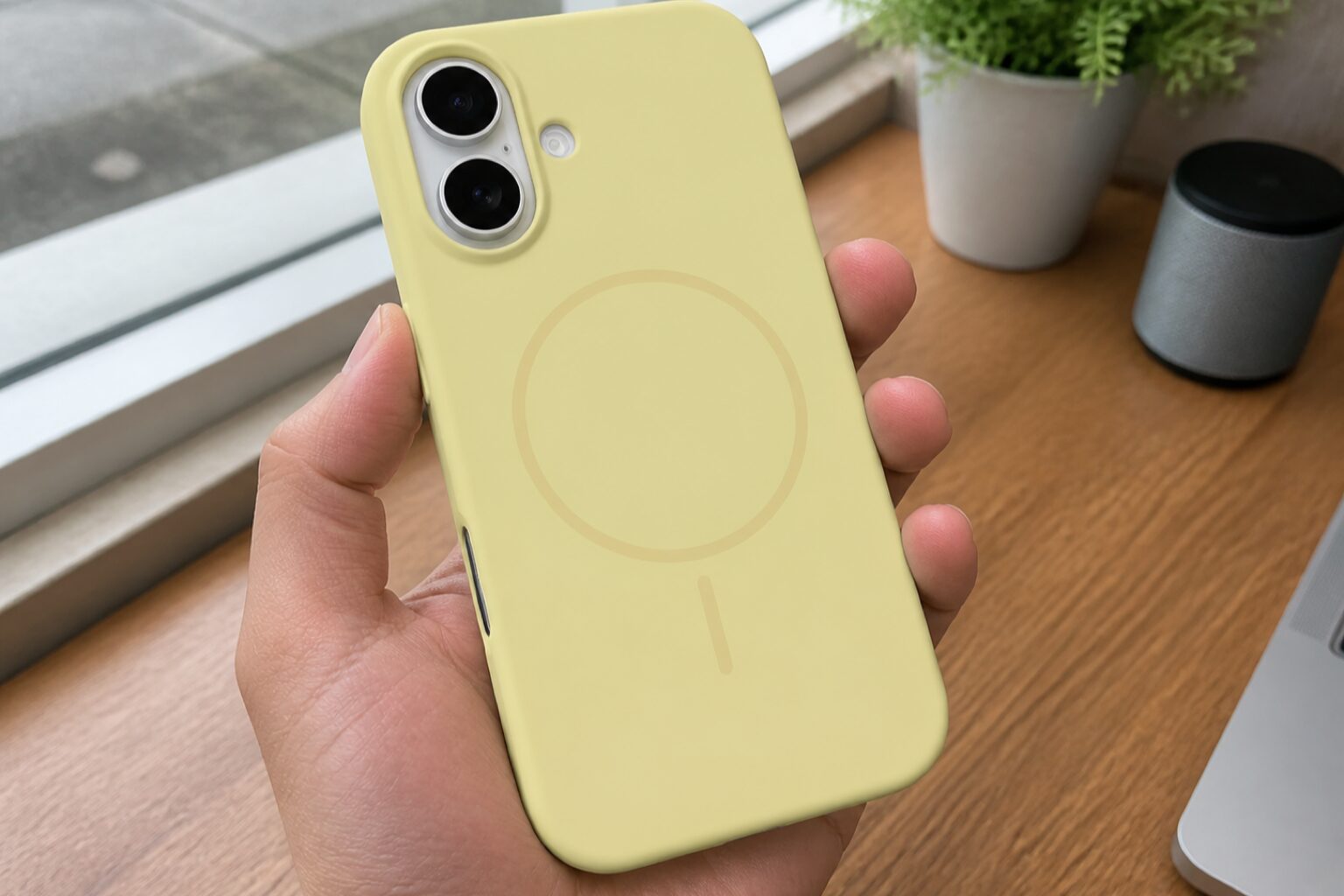 Жёлтый силиконовый чехол MagSafe на iPhone