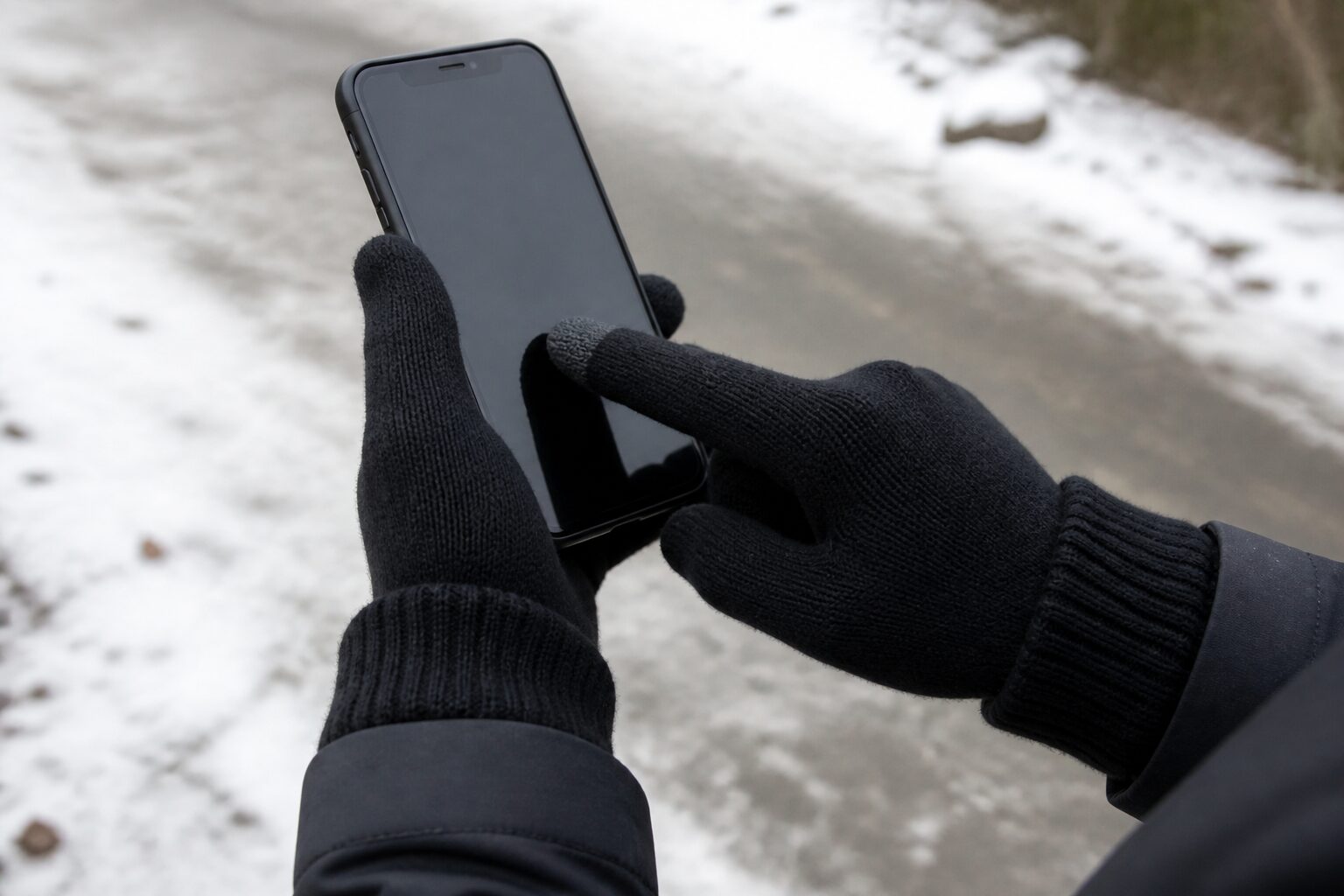 Чёрные вязаные перчатки с сенсорным наконечником при работе с iPhone