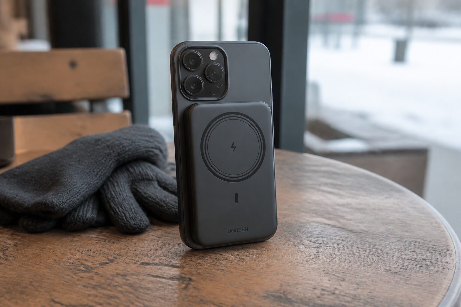Тёмно-серый магнитный повербанк UGREEN на iPhone