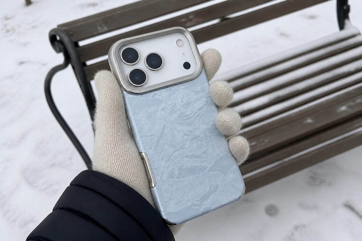 Голубой фактурный чехол для iPhone в руке на морозе