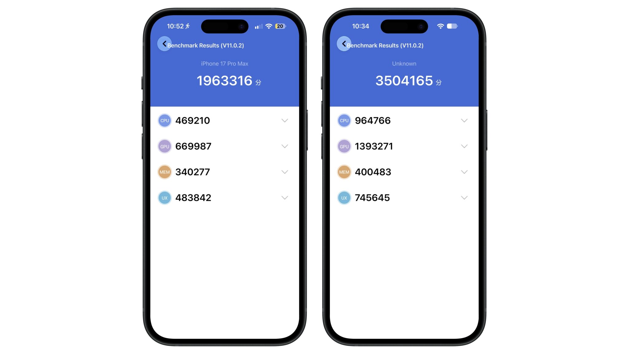 Результаты в AnTuTu. iPhone 17 Pro Max слева, 18 Pro Max справа. Изображение: Wylsacom