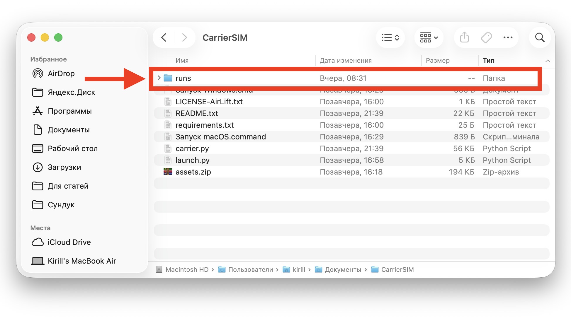 Папка runs на компьютере после работы скрипта