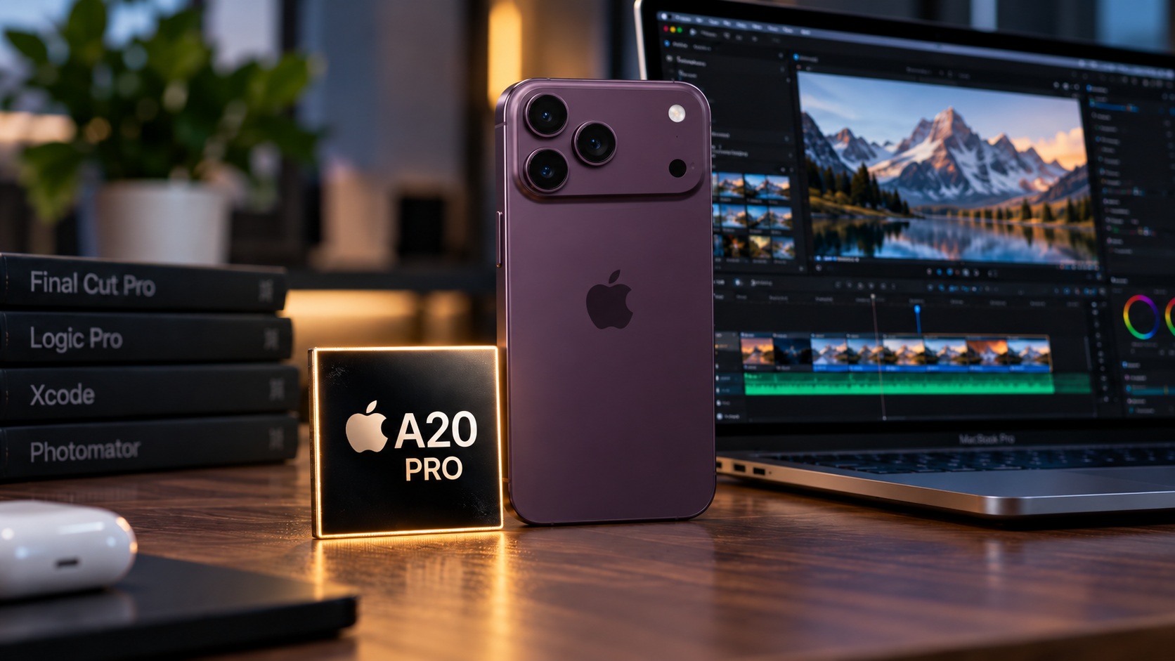 iPhone 18 Pro на процессоре Apple A20 Pro рядом с макбуком. Фото.