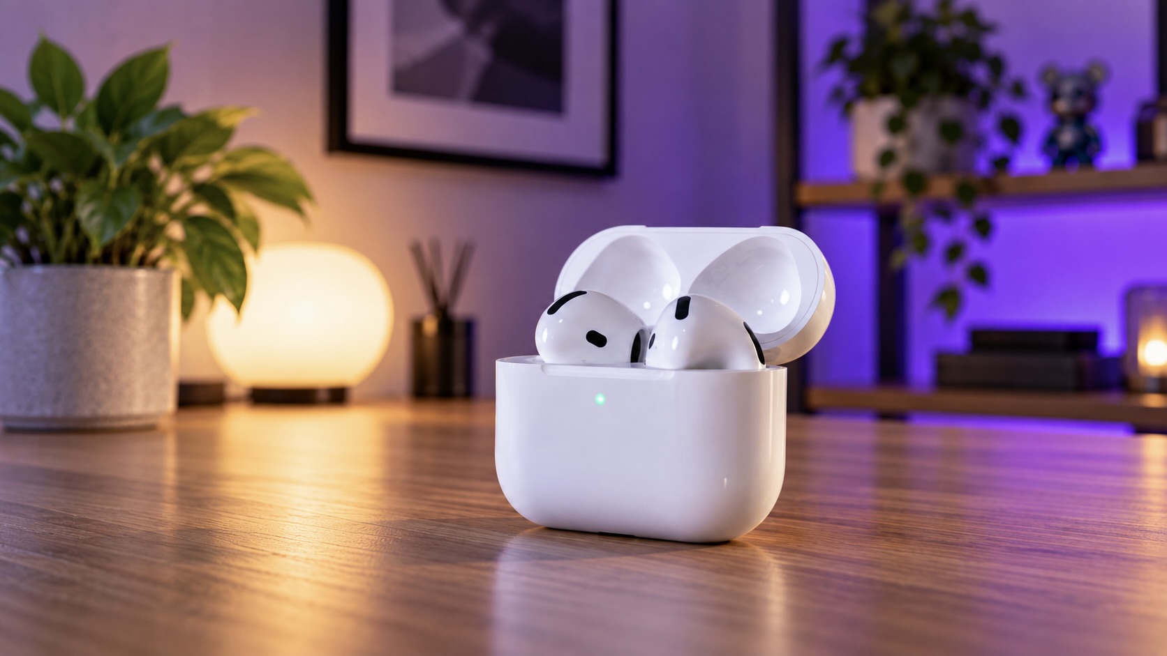 Раскрытый кейс AirPods 5 на столе