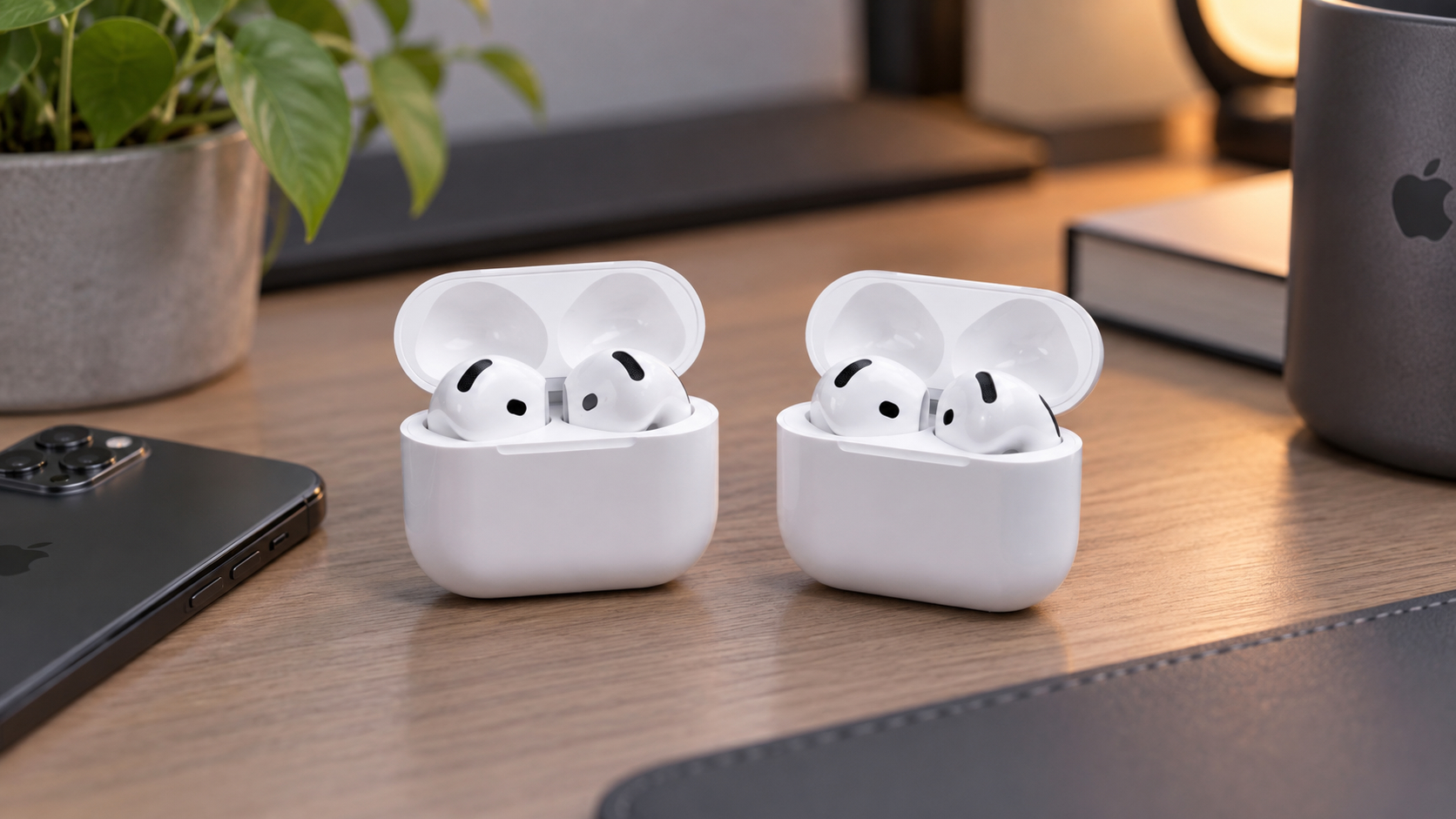 AirPods 5 и AirPods 4 с открытыми кейсами. Фото.