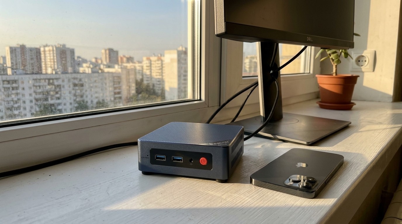 Beelink Mini S13: тихий кубик на Intel N150 с портами спереди. Мини-ПК Beelink на подоконнике рядом с iPhone. Фото.
