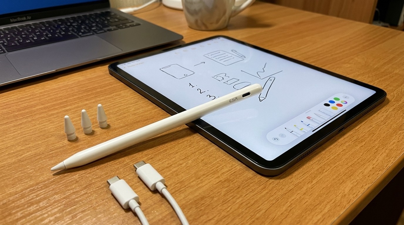 Стилус ESR лежит на экране iPad с рисунками
