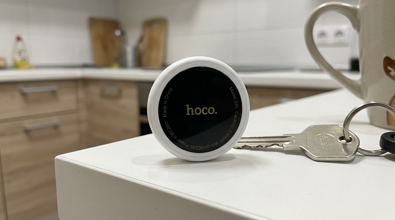 Брелок-трекер Hoco рядом с ключами на столе