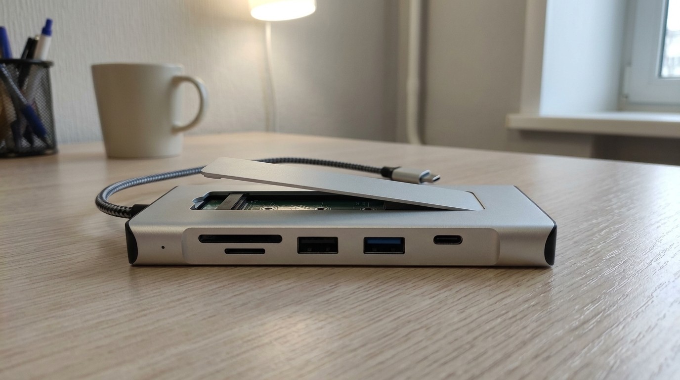 Хаб-концентратор со снятой крышкой над отсеком SSD