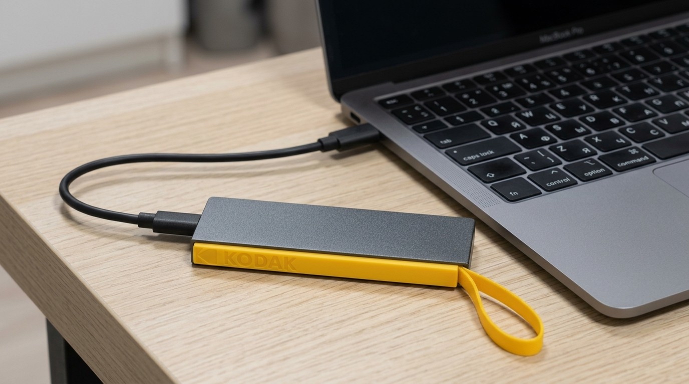 Внешний накопитель с жёлтым ремешком подключён кабелем к MacBook