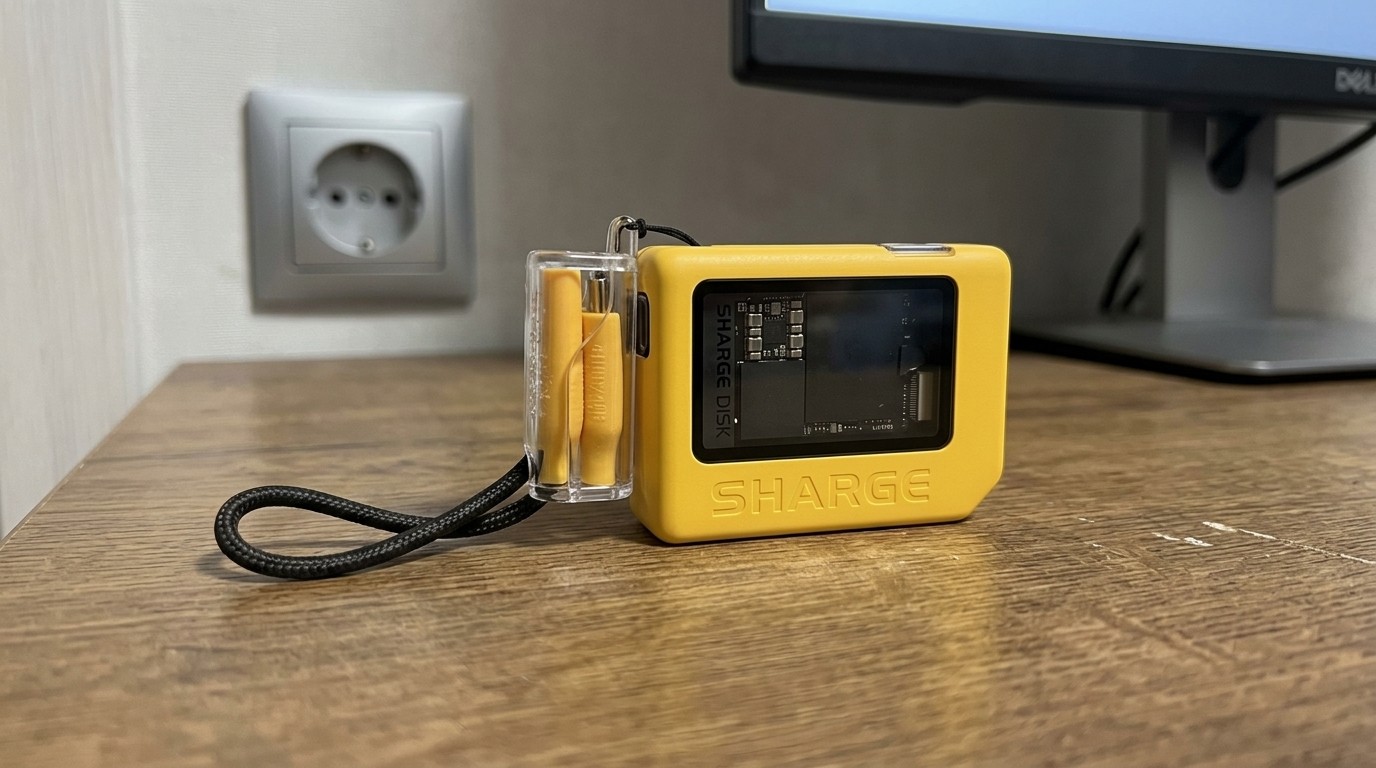 Внешний SSD-корпус Sharge с прозрачной подставкой на столе