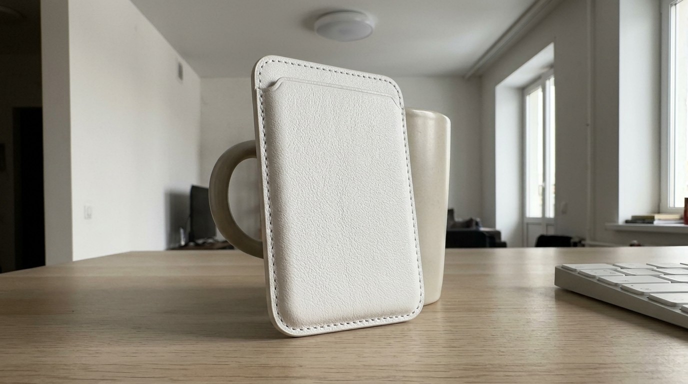 Кожаный чехол-кошелёк MagSafe у кружки на столе