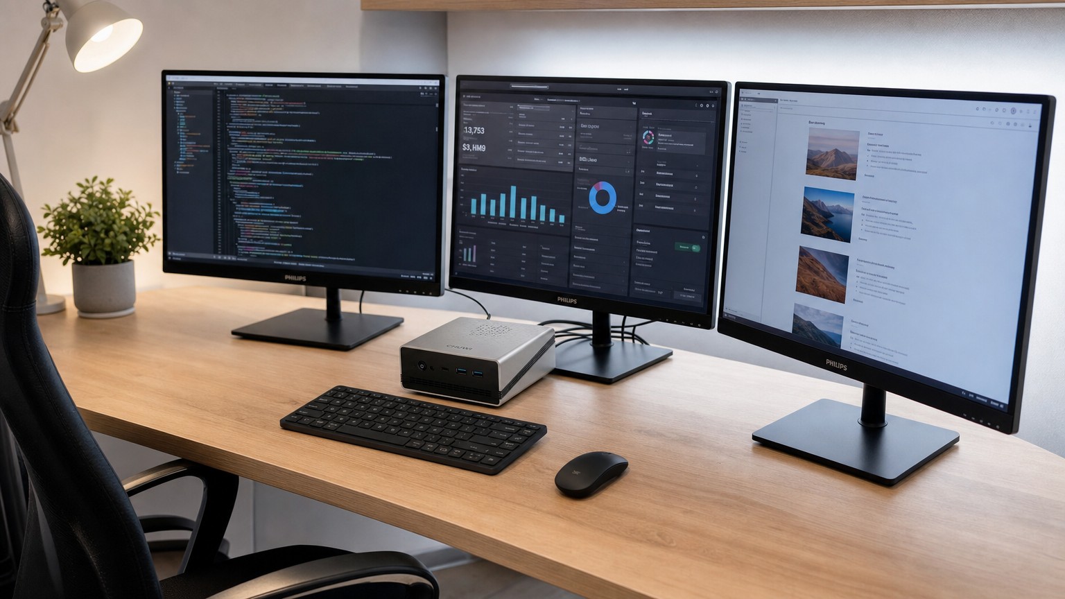 Кубик CHUWI на Core i3 вместо базового Mac mini. Мини-ПК CHUWI LarkBox X с тремя мониторами Philips. Фото.