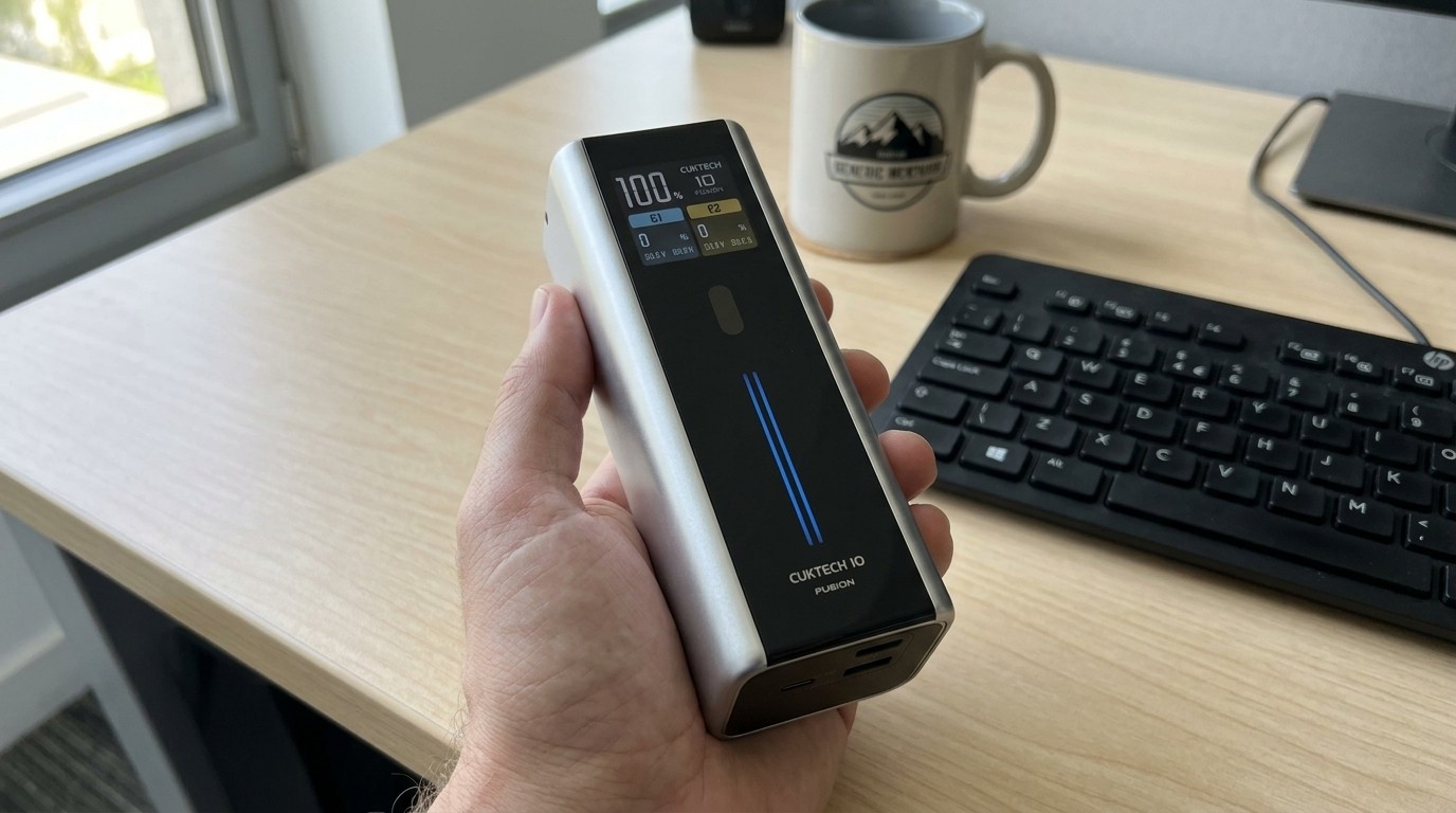 Портативная зарядка CUKTECH 10 Fusion в руке над столом