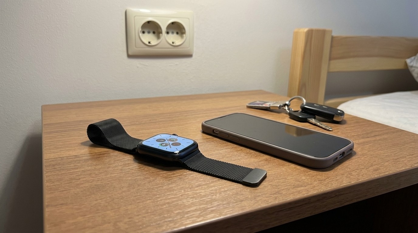 Часы Apple Watch с миланским ремешком на прикроватном столике