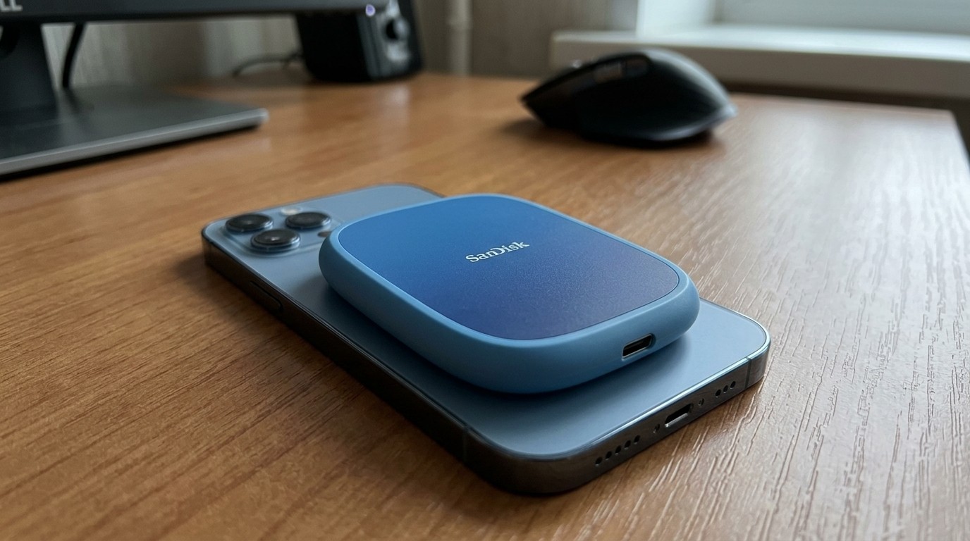 Синий SSD-накопитель SanDisk, примагниченный к iPhone