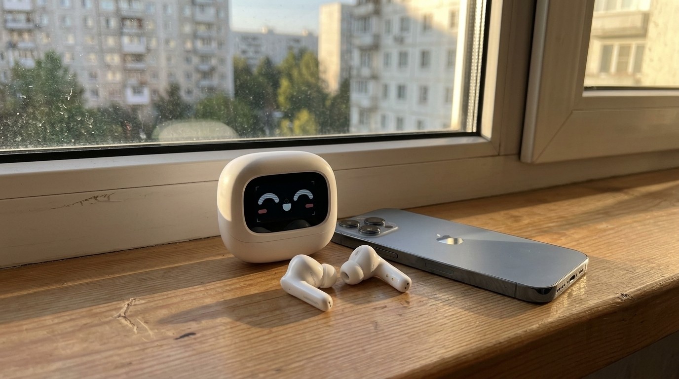 Полуоткрытые наушники с экраном на кейсе вместо AirPods. Кейс от наушников Ugreen на подоконнике. Фото.