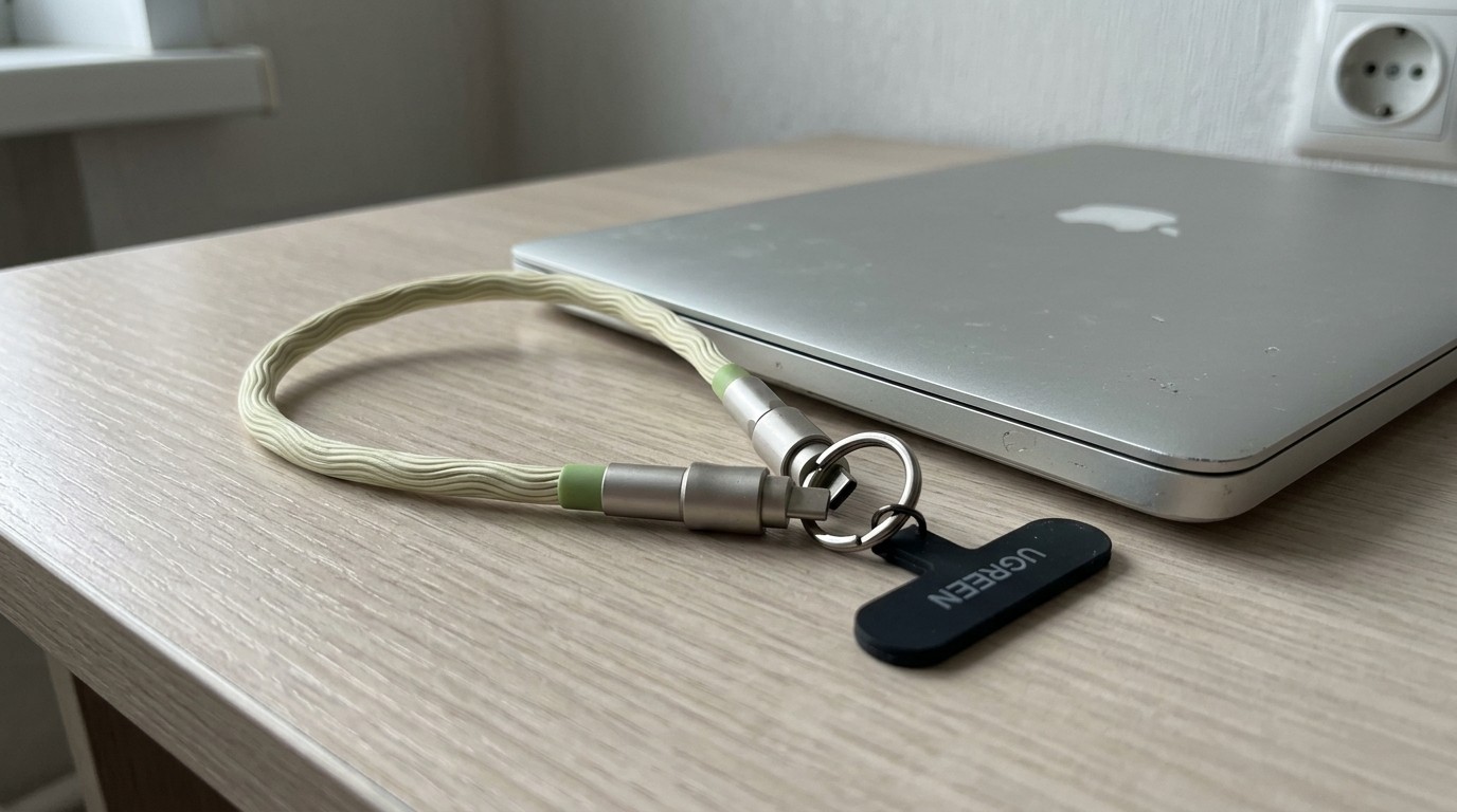 Кабель-ремешок на телефон для зарядки MacBook в дороге. Провод-брелок от Ugreen лежит на столе рядом с ноутбуком. Фото.