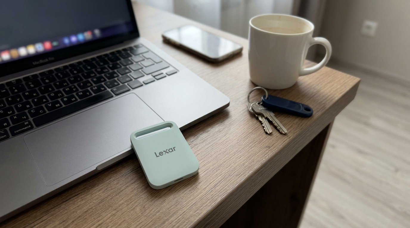 Внешний SSD Lexar подключён к разъёму ноутбука
