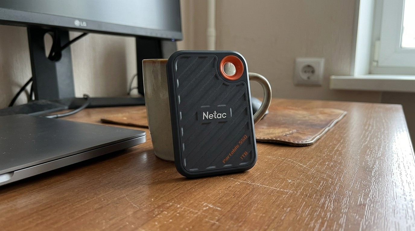 Внешний SSD Netac на рабочем столе рядом с монитором