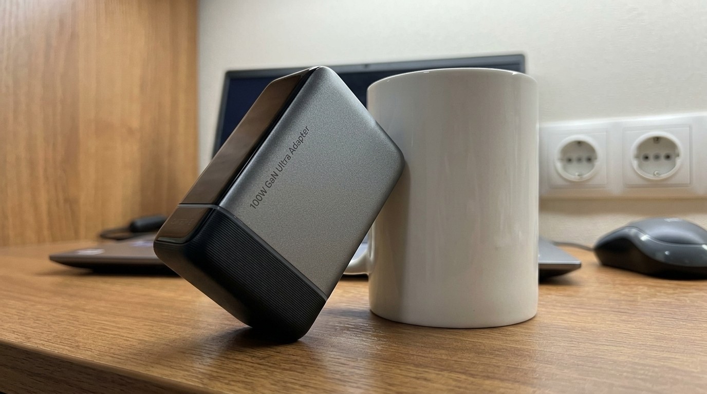 Зарядный блок GaN Ultra Adapter рядом с кружкой