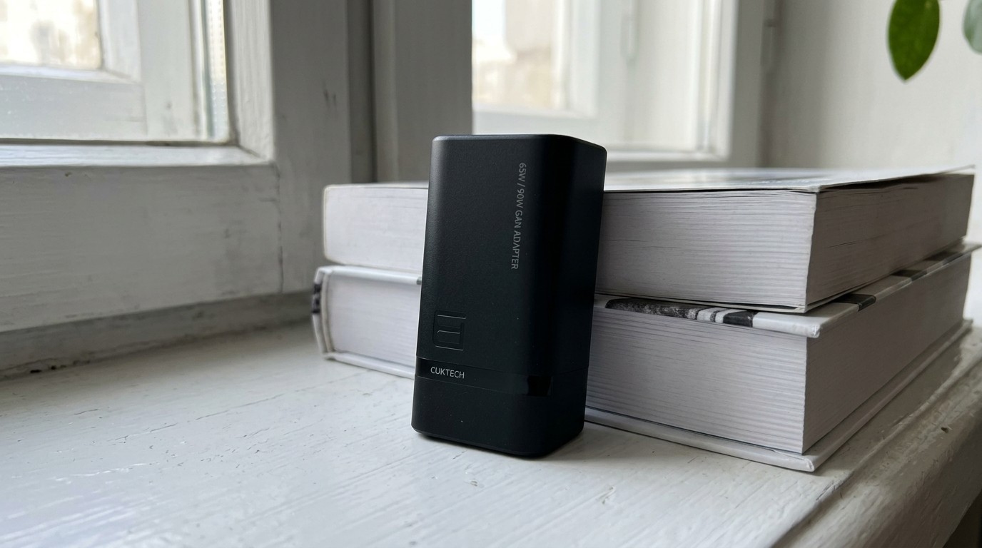 Зарядное устройство CUKTECH GaN на подоконнике рядом с книгами