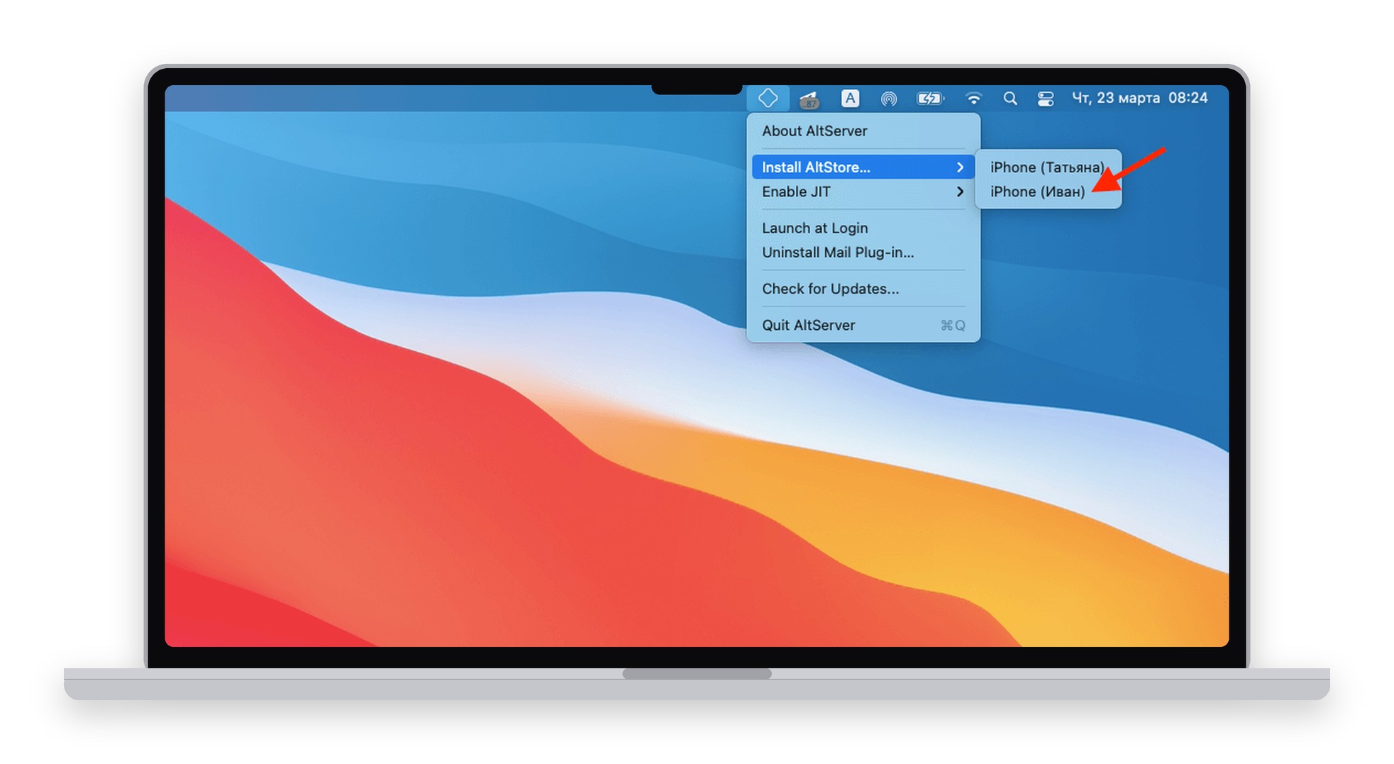 Меню AltServer на Mac: пункт Install AltStore