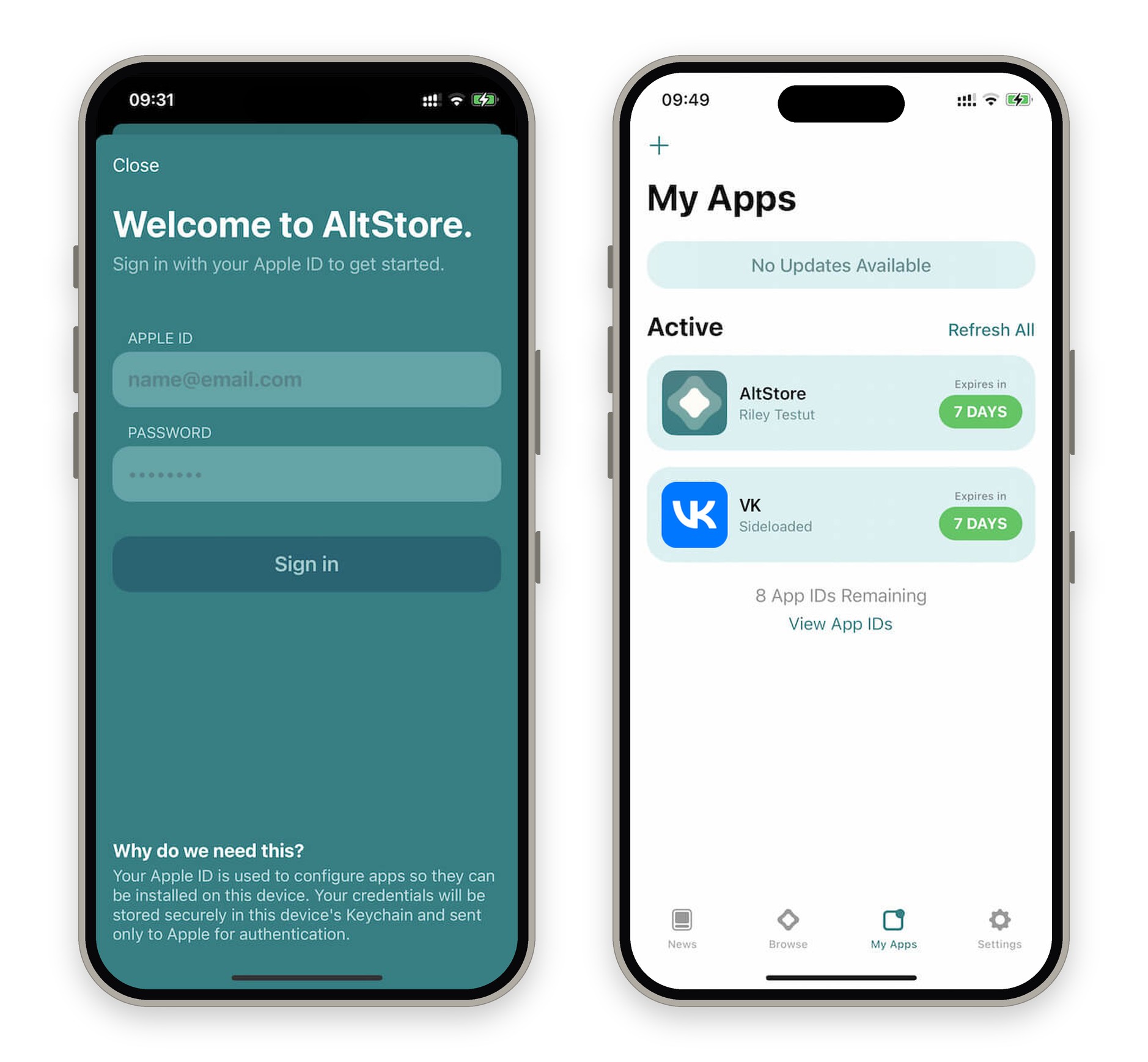 VK в списке установленных приложений AltStore