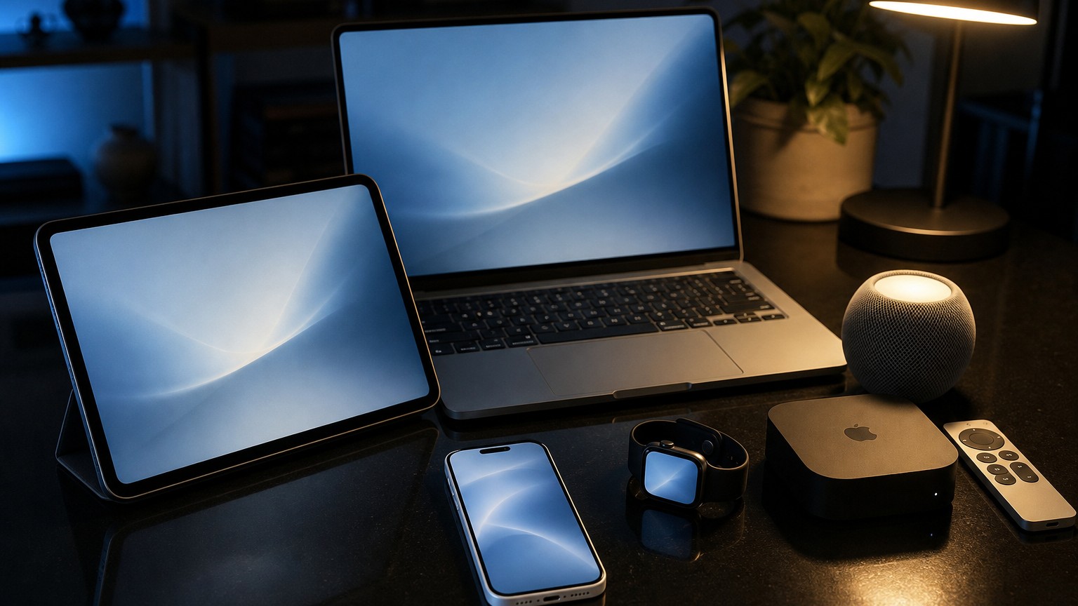Устройства Apple со светящимися экранами на столе