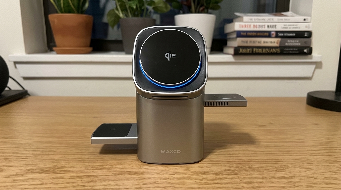 Зарядная станция MAXCO Qi2: три устройства Apple одновременно. Один блок питания — три гаджета заряжены к утру.. Фото.