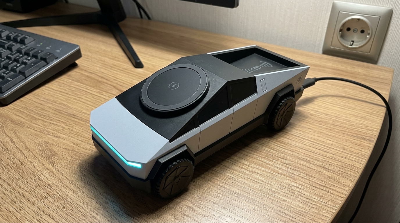 Зарядная станция в форме Cybertruck для iPhone, Apple Watch и AirPods. Маск не одобрит, но на столе смотрится задорно.. Фото.