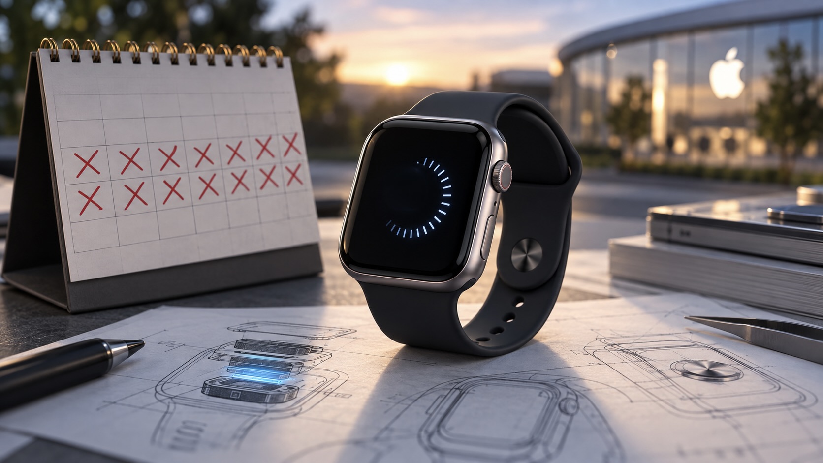 Ждать ли магнитные датчики в ближайших часах. Рендер новых Apple Watch рядом с календарем. Фото.