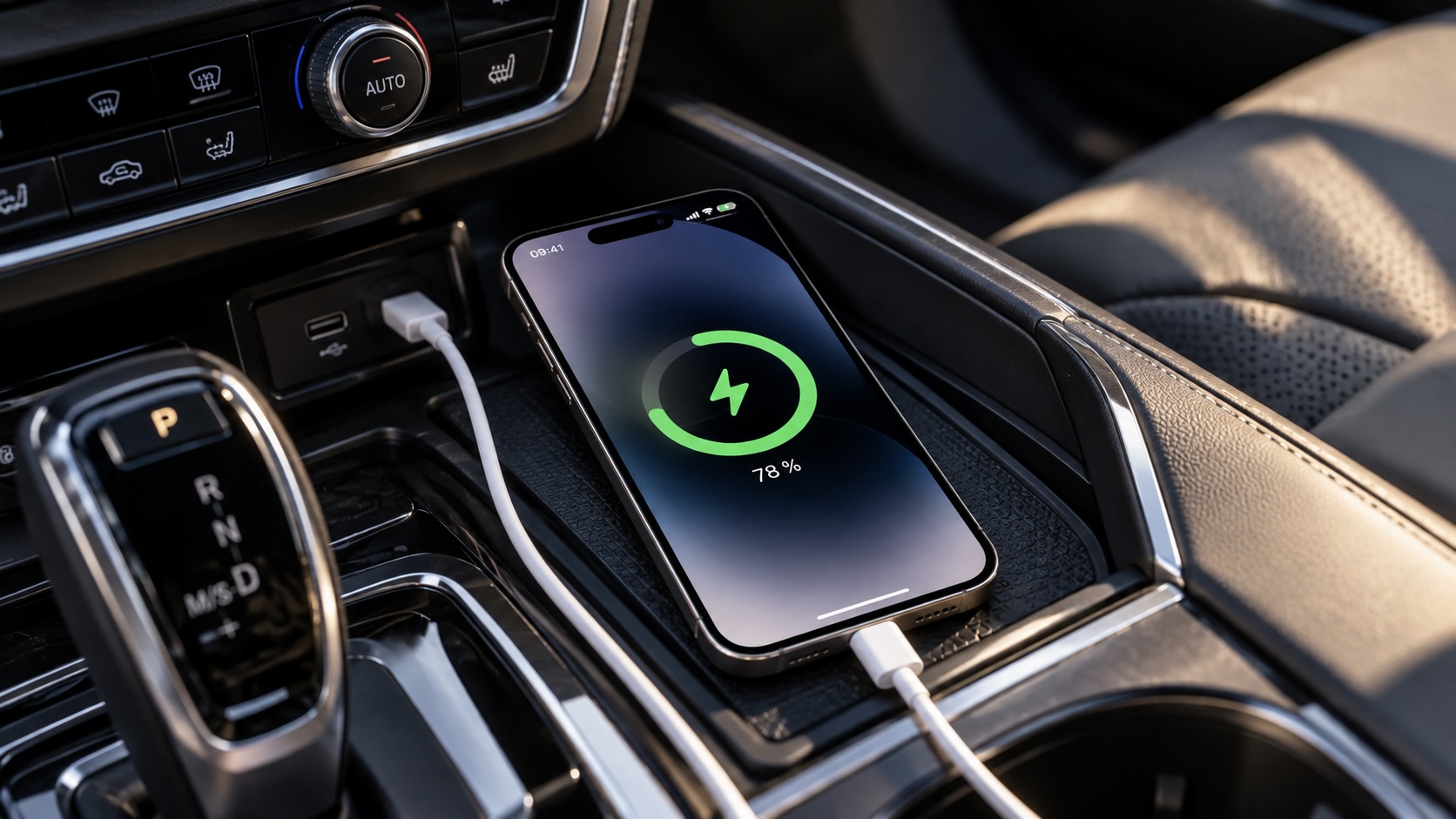 iPhone на проводной зарядке в автомобиле