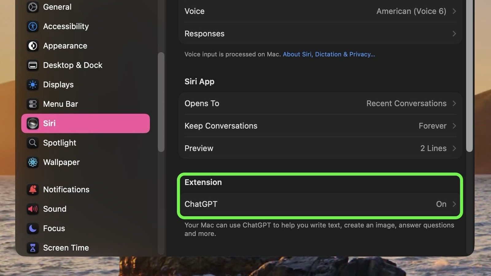 Переход в раздел с расширениями для Siri AI