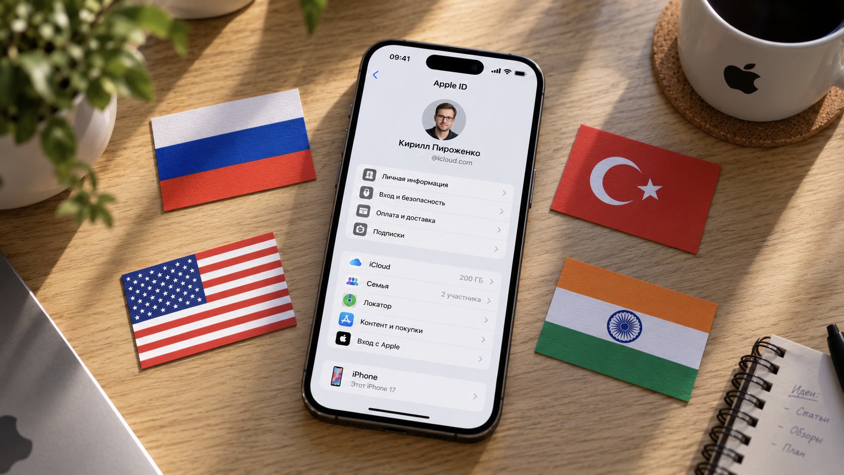 Айфон с открытым меню Apple ID