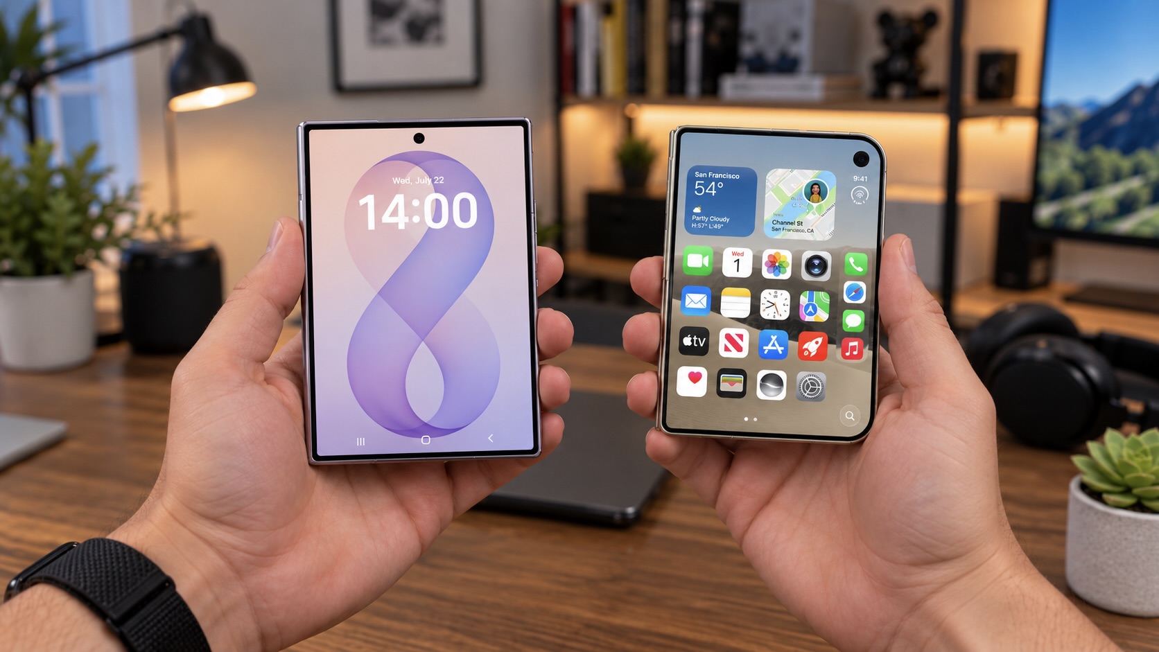 Galaxy Fold 8 и iPhone Duo в руках