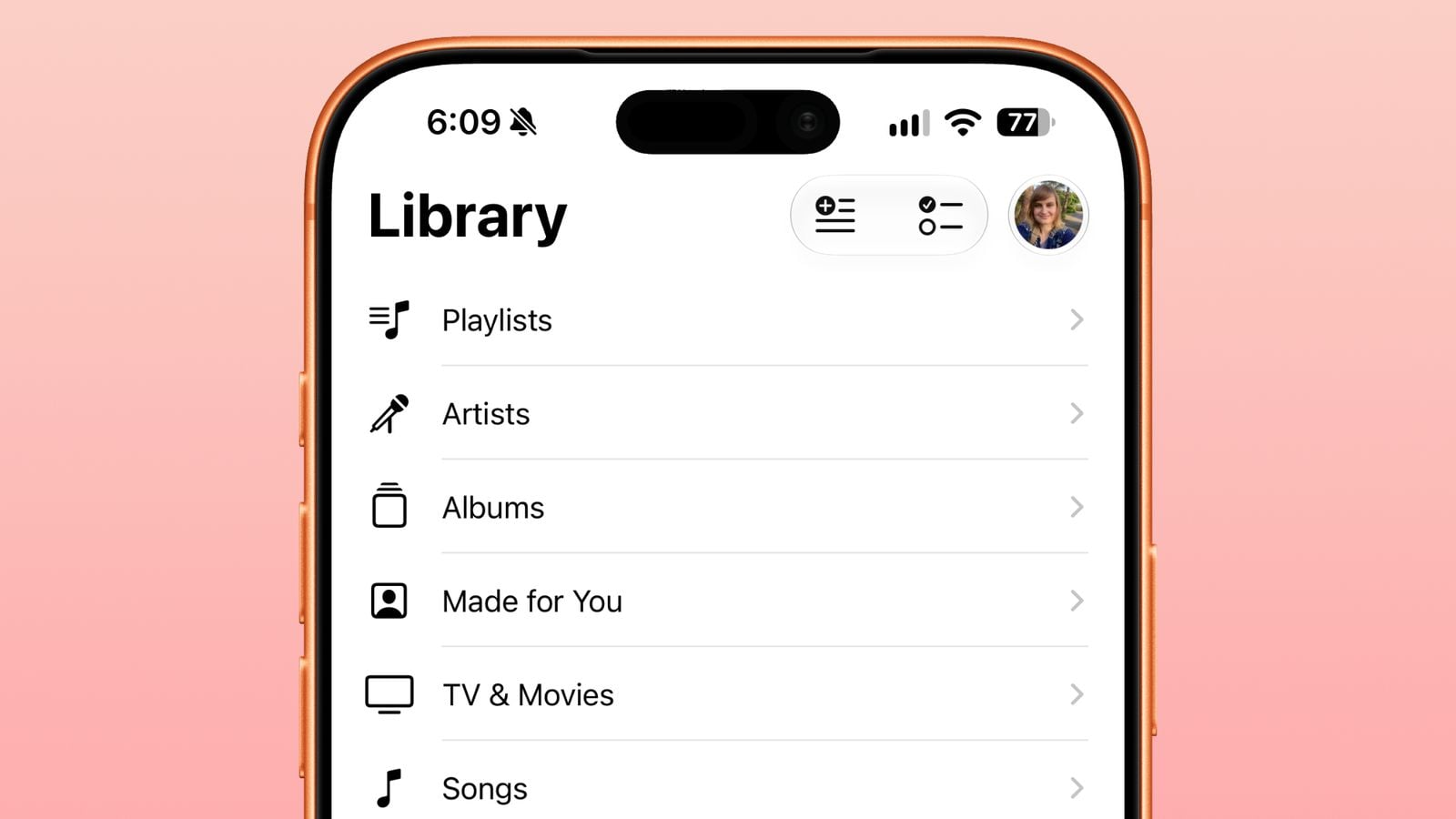 Обновленный кнопки разделов в Apple Music