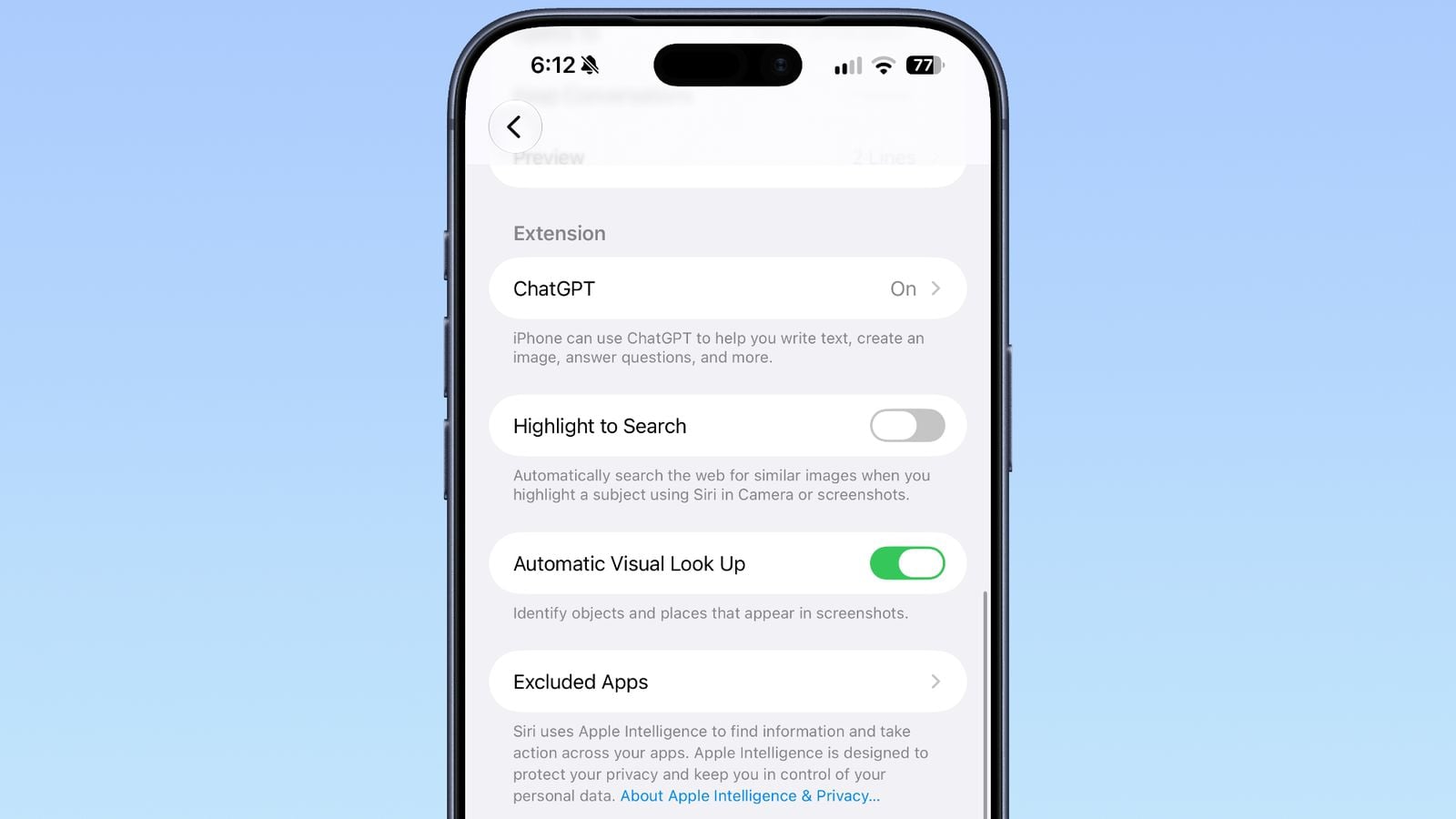 Новый раздел с исключенными приложениями, к которым Siri не будет иметь доступ