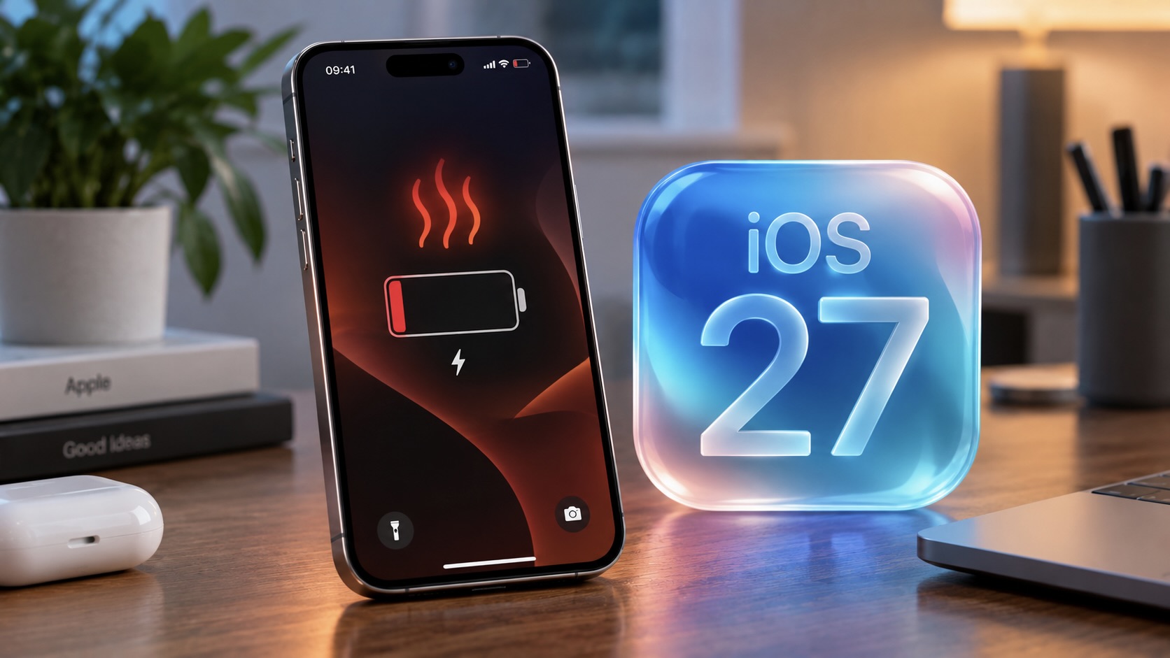 Разряженный айфон рядом с логотипом iOS 27